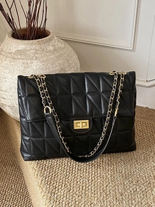 Quilted diamond chain shoulder bag in black faux leather with gold-tone metal clasp