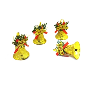 Set of 4 gold Christmas bell ornaments with red bows and Merry Christmas tags