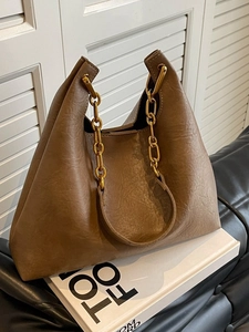 Sac fourre-tout en cuir marron vintage avec anses chaînes dorées pour femme