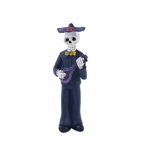 Halloween Day of the Dead skeleton musician resin figurine in blue suit with sombrero
