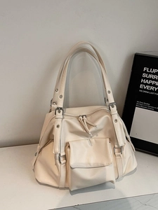 Retro large capacity cream white tote bag with buckle straps and soft leather texture