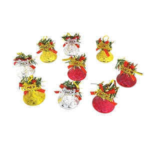 9-piece set of Christmas bells with bows and Merry Christmas signs in gold silver and red