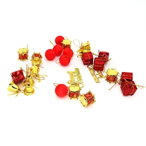 Christmas tree ornaments set with red gift boxes, gold bells, and Merry Christmas sign