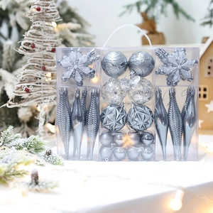 40pcs silver Christmas ball ornament set with snowflakes in a transparent gift box
