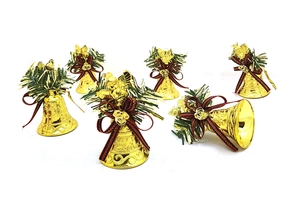 Set of six gold Christmas bells featuring angel carvings and red striped ribbon bows