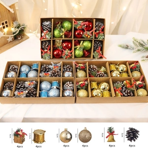 Detailed view of assorted Christmas ornaments with bells and pine cones in a kraft box
