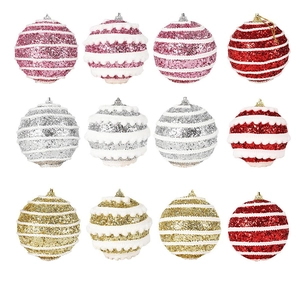 12-piece Christmas tree ornament set with glitter sequins and festive hanging loops