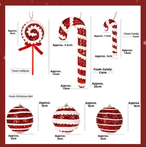 Christmas foam ornaments set featuring red and white glitter lollipops canes and balls
