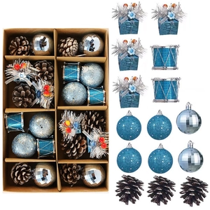 Blue and silver Christmas ornaments set with pine cones and gift boxes in grid box