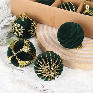 Dark green velvet Christmas ball set with golden glitter patterns for holiday tree decor