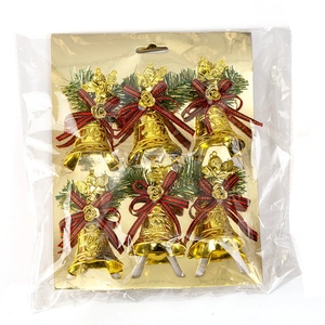 Set of 6 gold Christmas bells with angel decor and festive ribbons in clear packaging