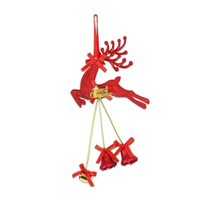 Red glitter reindeer Christmas hanging ornament with gold Merry Christmas sign and bells