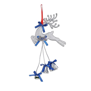 Sparkling silver reindeer Christmas ornament with blue bows and hanging bells