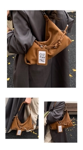 Détail du sac hobo en cuir caramel avec bandoulières tressées et décorations nouées