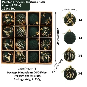 Set of 16 green flocked Christmas balls with gold glitter patterns for tree decoration