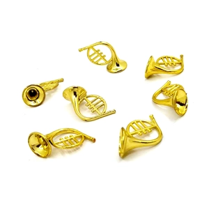 Set of seven golden miniature horn ornaments with metallic finish for Christmas decor