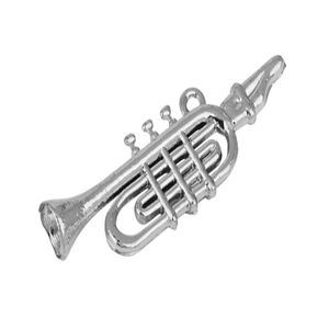 Close-up of a silver trumpet musical instrument pendant with intricate metal details