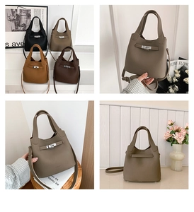 Detail of lychee pattern bucket bag with metal turn-lock and various color options