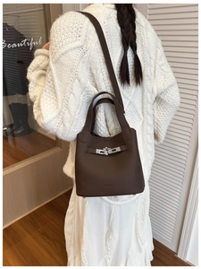 Detail of dark brown lychee leather bucket bag featuring silver buckle and strap