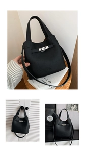 Detail of black lychee grain leather bucket bag with silver turn-lock and handle strap