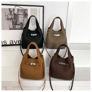 Litchi pattern leather bucket bags with metal turn-lock in four classic colors