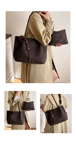 Detail of dark brown matte leather tote bag set with pompom charm and matching clutch bag