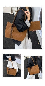 Detail of caramel tote bag set featuring plush charm and textured faux leather finish