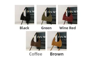 Collage of chic hobo crescent bags in five retro matte suede colors with gold hardware