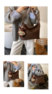 Detail view of brown woven texture tote bag featuring a cute teddy bear charm pendant