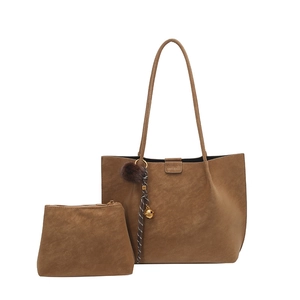 Brown faux suede tote bag set with small pouch and decorative fuzzy ball pendant