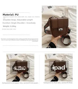 Detail view of compact saddle bag with ethnic pattern strap and size comparison guide