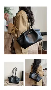 Détails du sac cabas plissé noir en cuir PU avec doubles anses fines pour le porter épaule