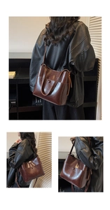 Detailed close-up of brown oil-wax leather tote with decorative buttons and fine stitching