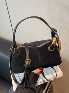 Fashionable black patchwork boston bag with gold chain and adjustable shoulder strap