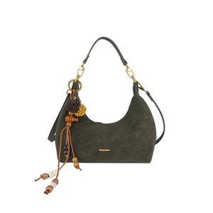 Retro dark green crescent hobo bag with ethnic pom-pom charm and adjustable strap
