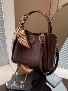 Vintage PU Leather Scarf Handle Tote Bag For Women Fashion Large Capacity Solid Color Handbag Daily Crossbody Shoulder Bag