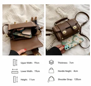 Maattabel en capaciteit van de vintage bruine crossbodytas met telefoonvergelijking