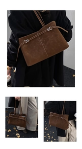Three-way view of a brown suede tote bag with decorative buckle for commute