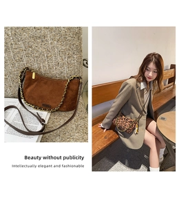 Detail view and model shot of suede leopard print crescent bag with gold chain strap