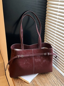 Retro burgundy suede tote bag with contrast stitching and long double shoulder straps
