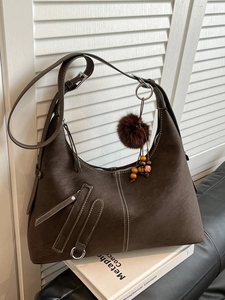 Vintage dark brown large hobo shoulder bag with contrast stitching and beaded tassel