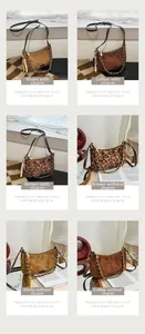 Detail view of suede leopard crossbody bags in khaki, coffee, and brown with chain straps