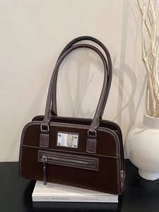 Sac Sous le Bras en Cuir PU Rétro pour Femmes Surpiqûre Contrastée Plaque Métallique Poche Zippée Sac à Épaule Cabas
