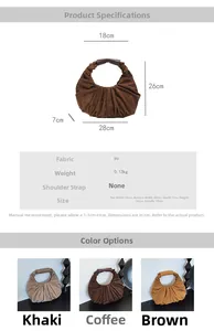Detailed sizing chart and specifications for vintage pleated faux suede handbag
