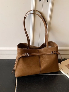 Dark coffee suede tote bag with decorative silver buckle for 2025 retro commute look