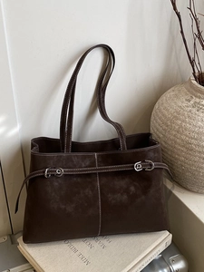 Retro dark brown suede tote bag with white contrast stitching and silver buckle detail