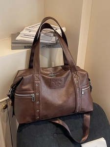 Grand sac fourre-tout rétro marron café en cuir PU pour voyage et trajet quotidien