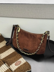 Retro leopard print suede hobo bag with gold chain and long shoulder strap in brown