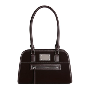 Retro Schultertasche in Dunkelbraun mit silberner Metallplatte und Kontrastnähten