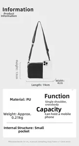 Detail showing dimensions 19x13x4cm and internal pocket of the black PU leather crossbody bag